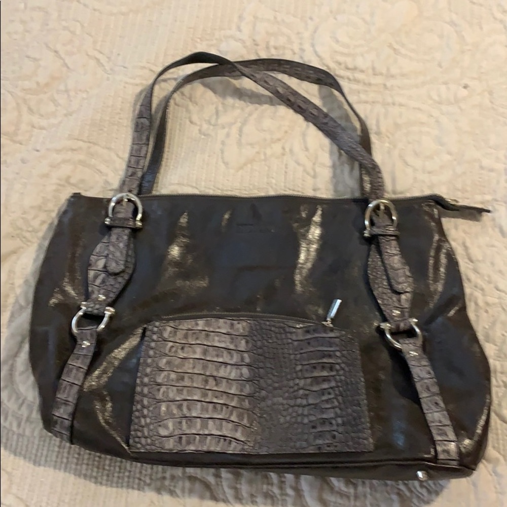 Gray leather handbag